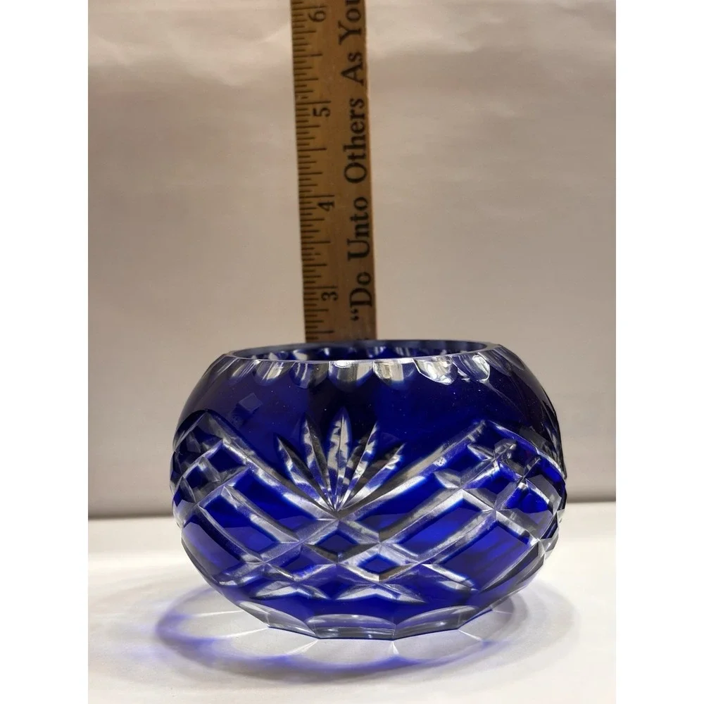 Vintage Bohemian Czech Cut To Clear Crystal Rose Bowl Votive Candle Holder Set